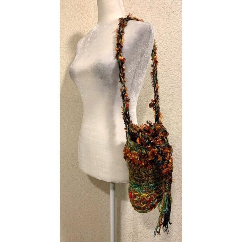 Vintage Handmade Crochet Multi-colored Small Bucket Boho Art Hippy Shoulder Bag